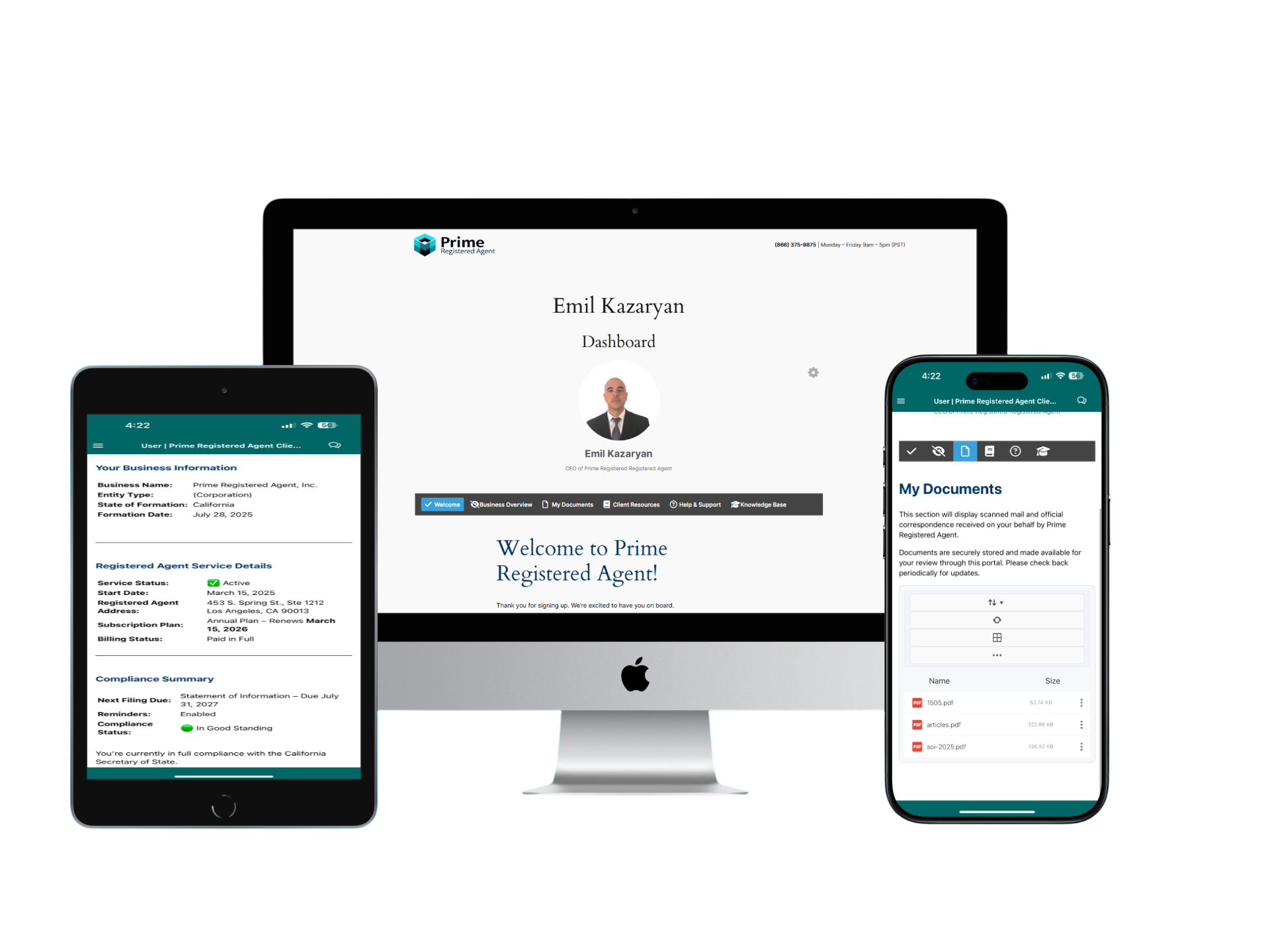 Prime Registered Agent software dashboard showing on all devices.