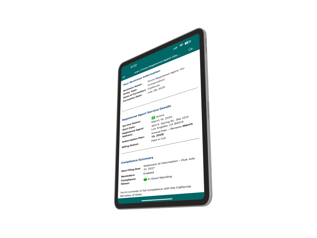 Prime Registered Agent Business Info App
