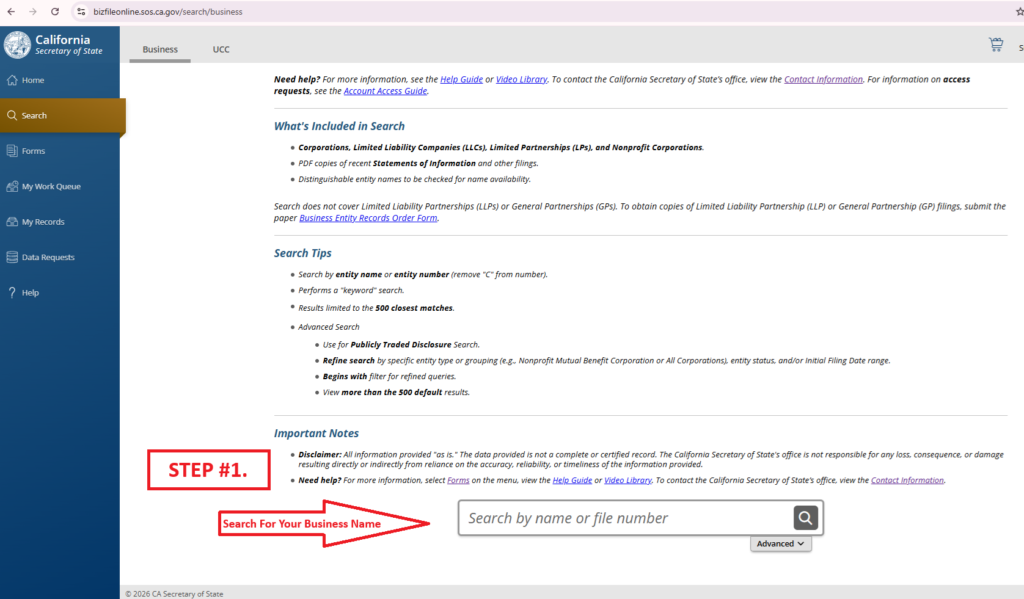 Step 1: Log into California BizFile Online to file a Statement of Information
