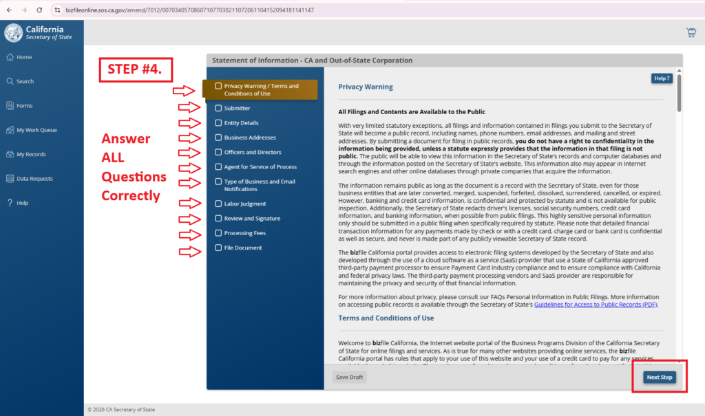 Step 3: Select Statement of Information filing for your California business