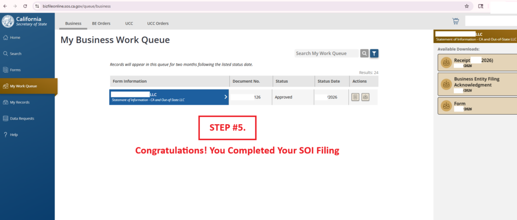 Step 4: Review and submit the Statement of Information filing in California BizFile Online